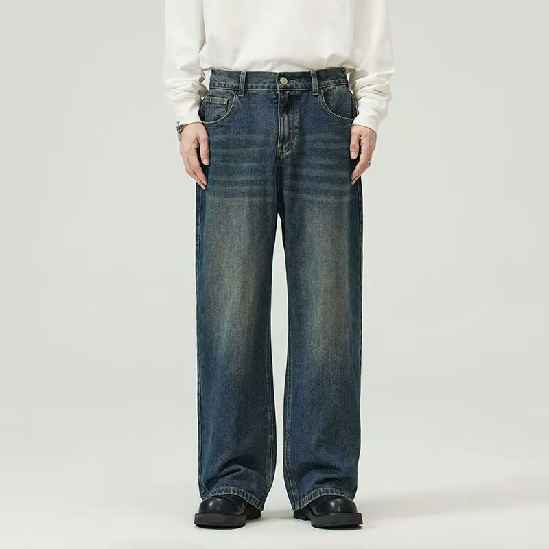 Streetwear Men's Loose Wide Leg Jeans Cotton Vintage Faded Mens Baggy Jeans